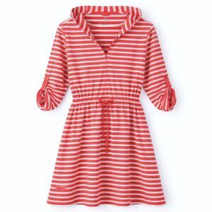 Lands End Striped Hooded Dress Nautical Coastal Cotton Cinch Waist L